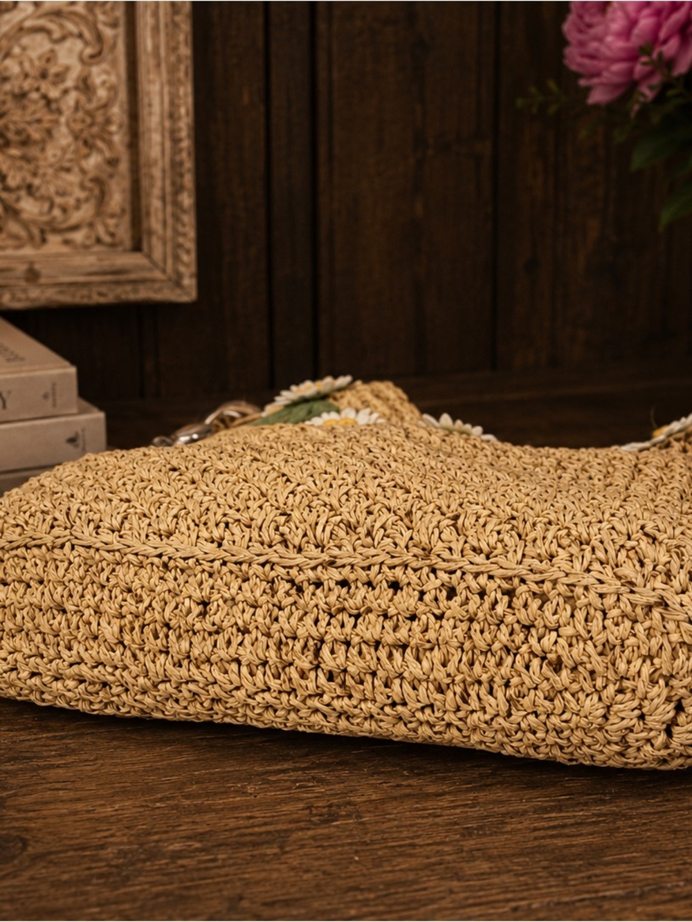 Brighton Madagascar Daisy Raffia Straw Shoulder Bag Purse Floral Details - Picture 8 of 13